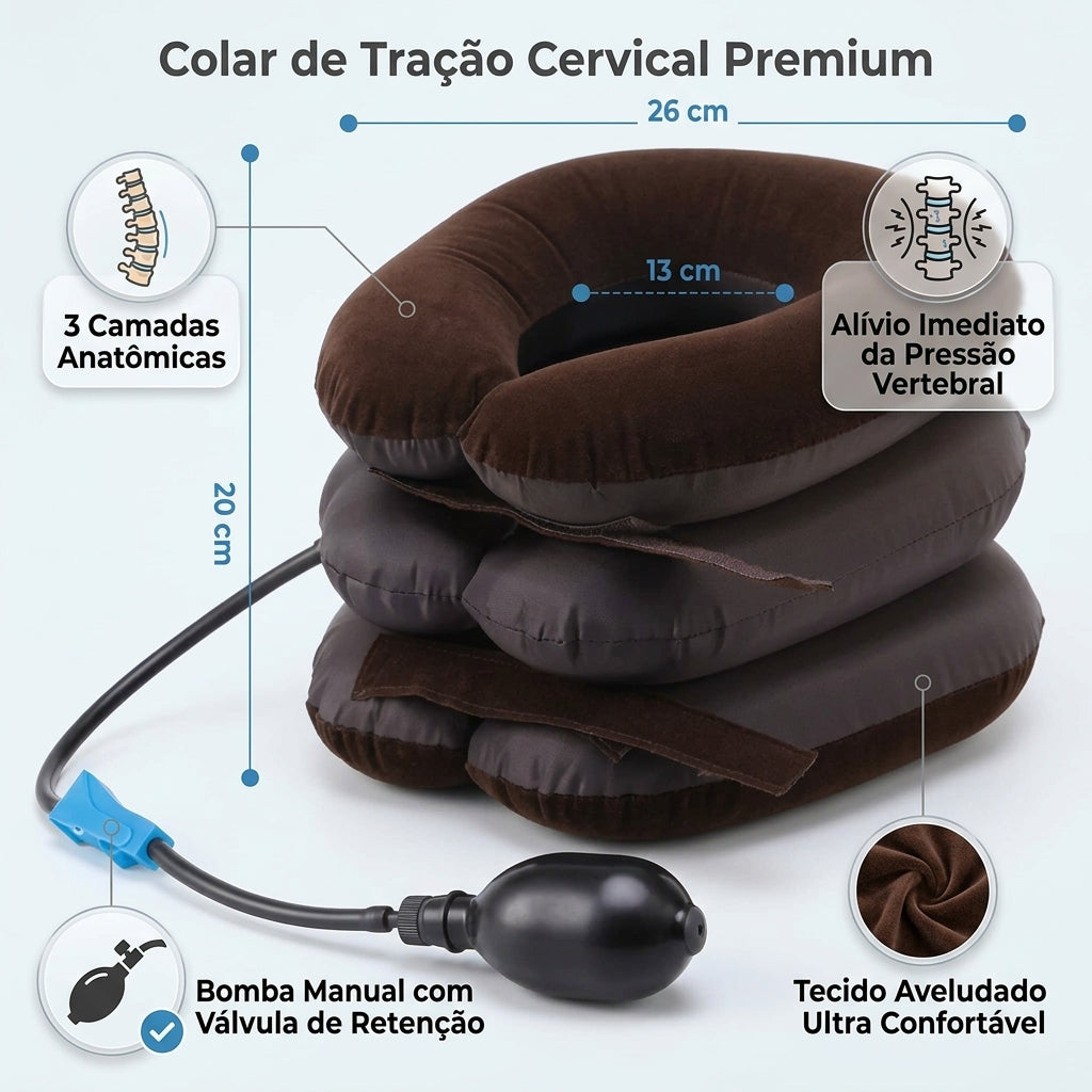 Infografico destacando dimensoes de 26x20x13 cm 3 camadas anatomicas e beneficios de descompressao vertebral do colar cervical.