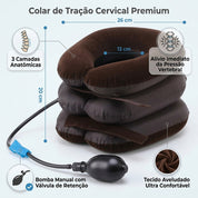 Infografico destacando dimensoes de 26x20x13 cm 3 camadas anatomicas e beneficios de descompressao vertebral do colar cervical.