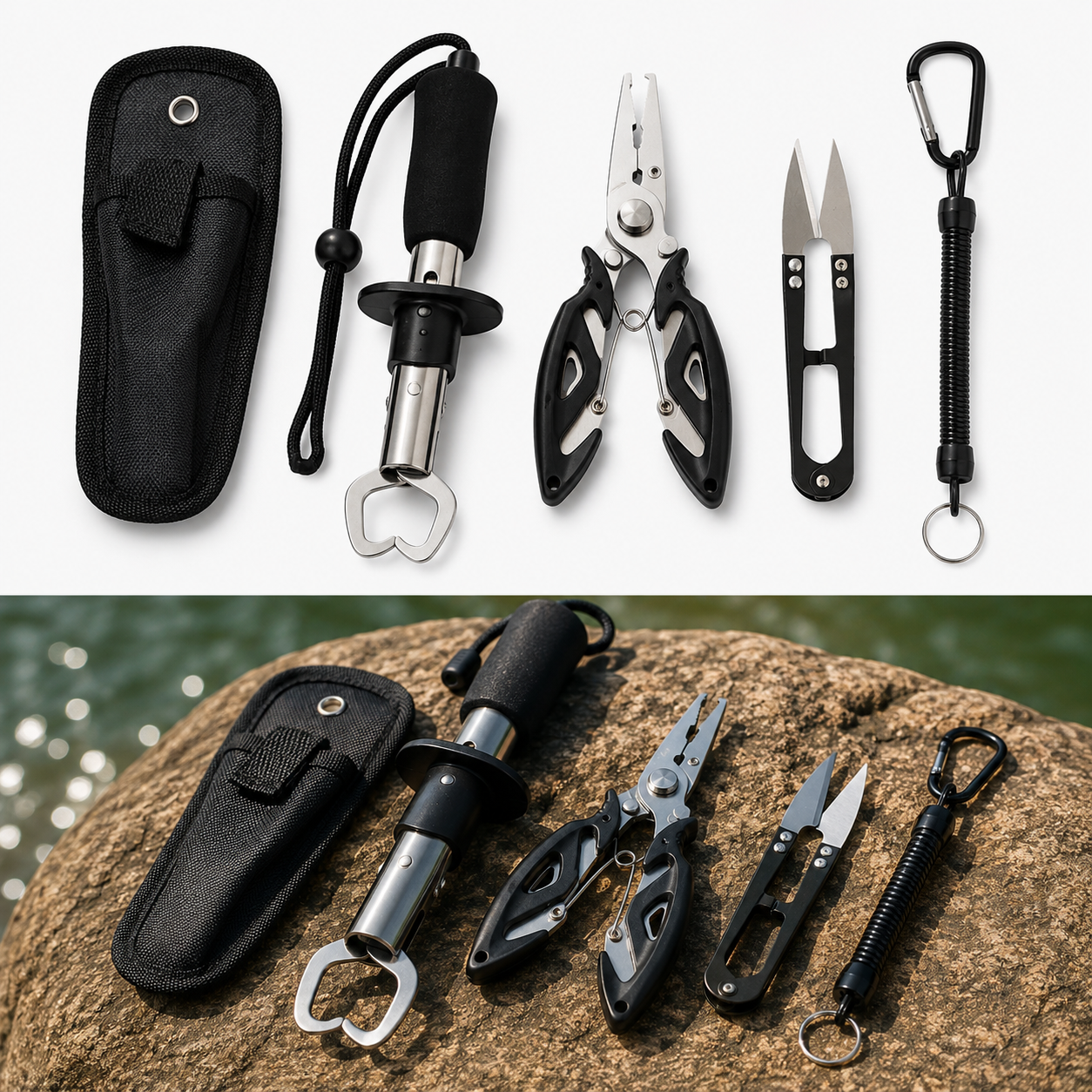 Cordão retrátil de segurança utilizado para prender ferramentas de pesca e evitar perdas.