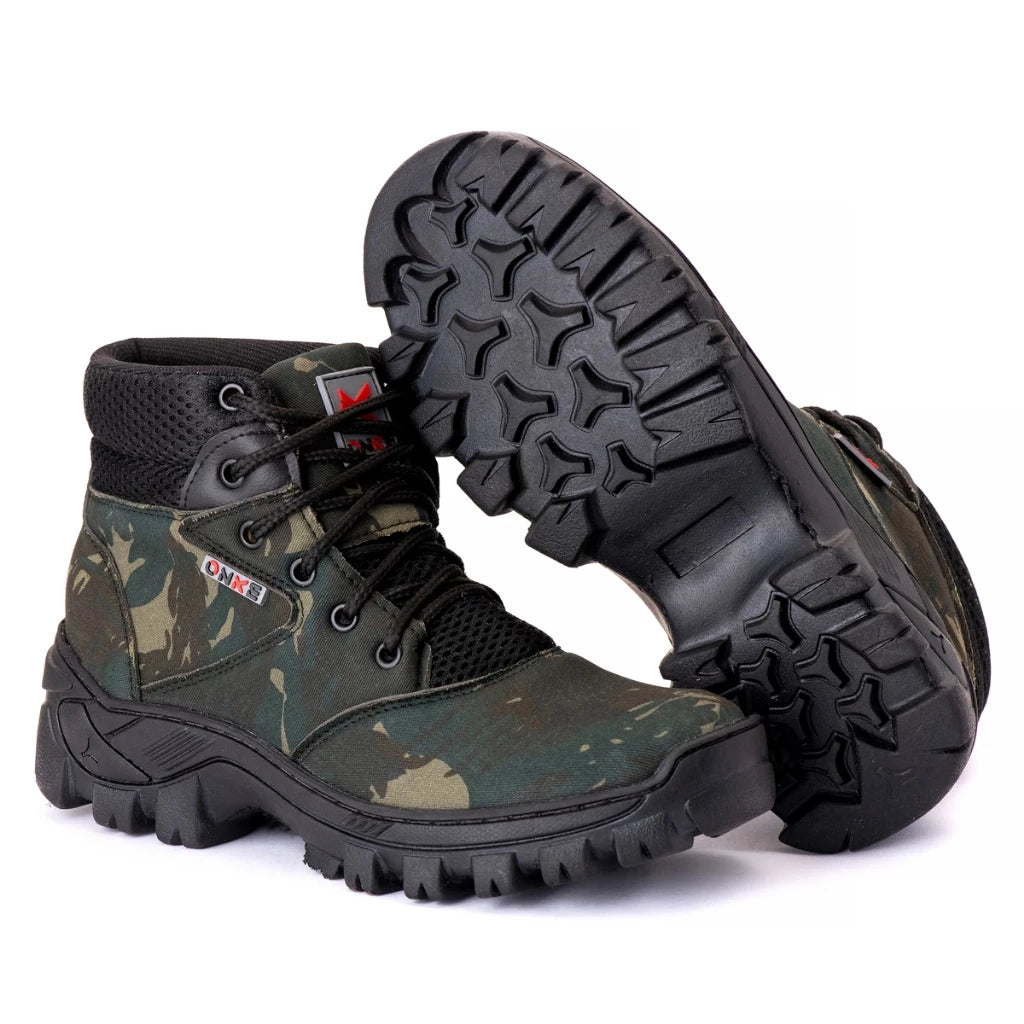 Coturno adventure masculino camuflado verde e preto com solado antiderrapante para trilhas e camping.