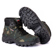 Coturno adventure masculino camuflado verde e preto com solado antiderrapante para trilhas e camping.