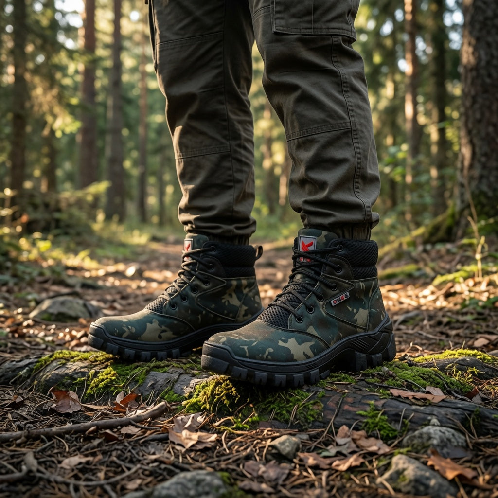 Coturno masculino camuflado verde e preto resistente para caminhadas e atividades outdoor.