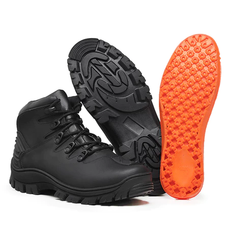 Bota coturno militar masculina 990 em couro preto resistente para trilha e outdoor