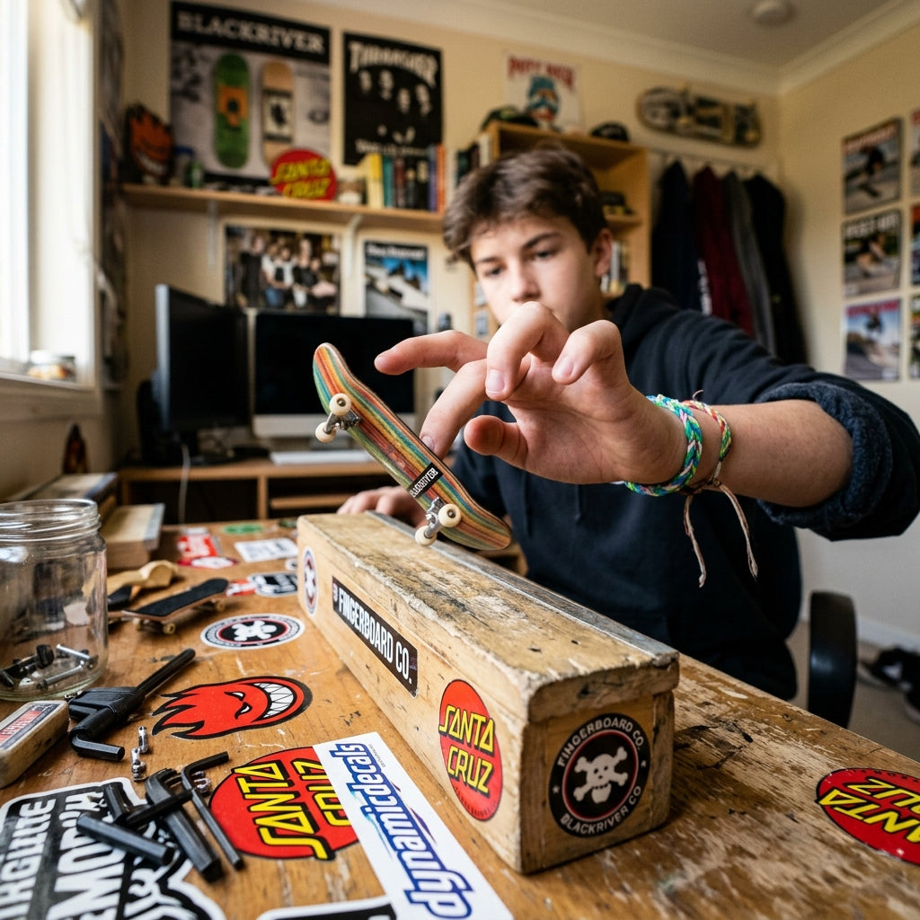 Manobra de skate de dedo fingerboard em uso na mesa - Kingpesque