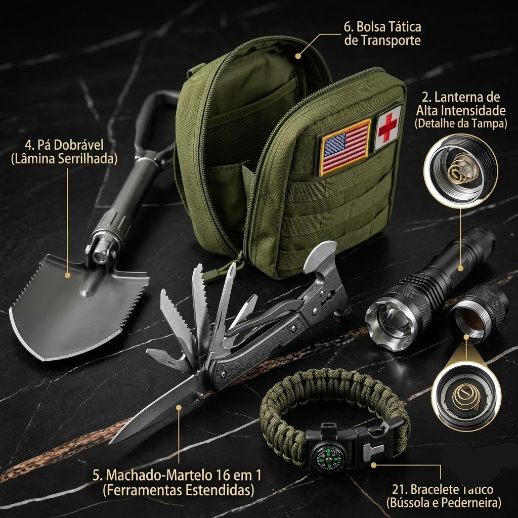 Ferramentas de sobrevivência, primeiros socorros e acessórios para atividades outdoor.