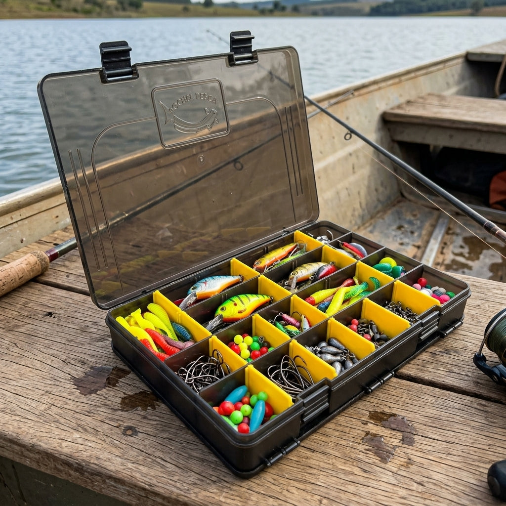 Caixa de pesca com travas duplas de segurança contra aberturas acidentais.