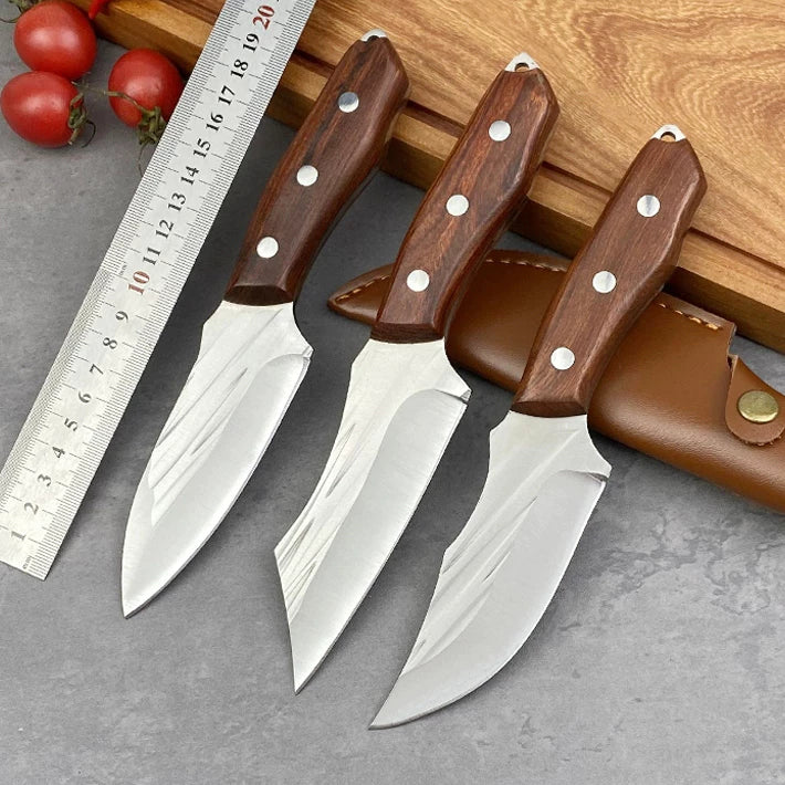 Kit 3 Facas De Cozinha Artesanais Cutelo Forjado Rústico Com Bainha