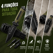 Conjunto de faca de sobrevivência com pederneira, apito de emergência e bainha multifuncional.