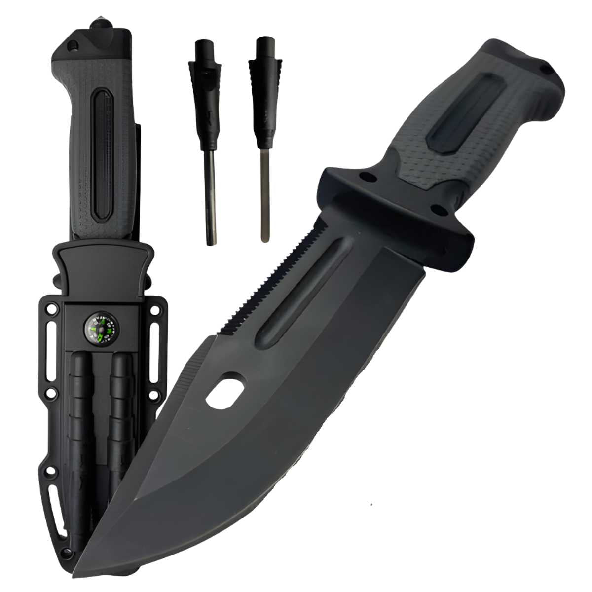 Faca tática militar preta completa para atividades de caça, camping e pesca.
