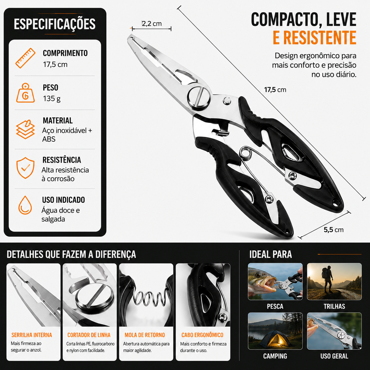 Sistema giratório de 360 graus do alicate de controle de peixe desenvolvido para maior praticidade.