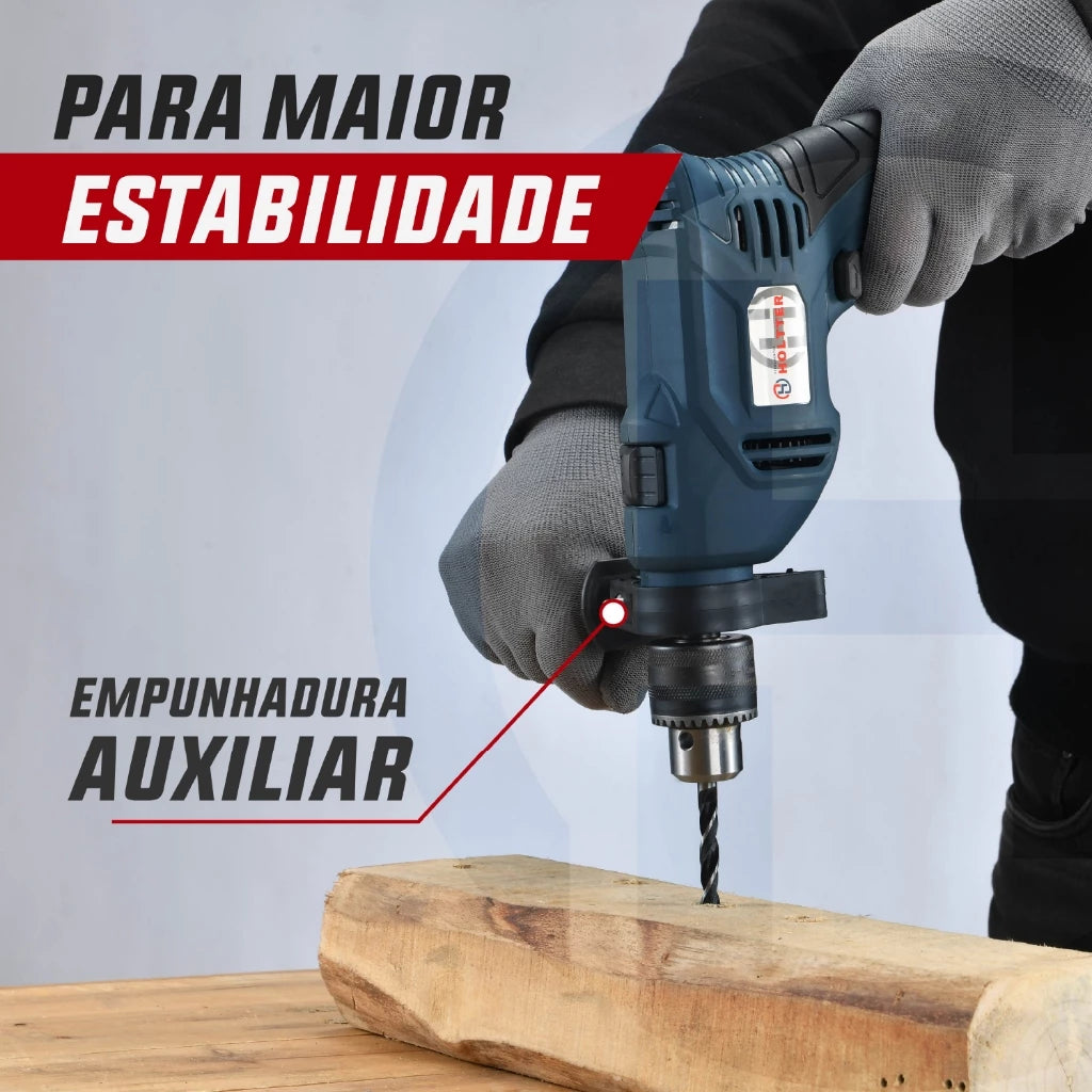 Kit de ferramentas com furadeira de impacto 750W e maleta rígida para organização e transporte.