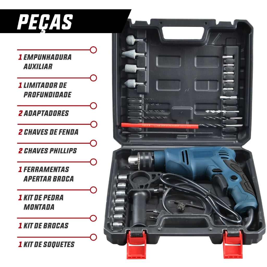 Furadeira com função impacto e modo reversível acompanhada de kit completo de brocas e soquetes.