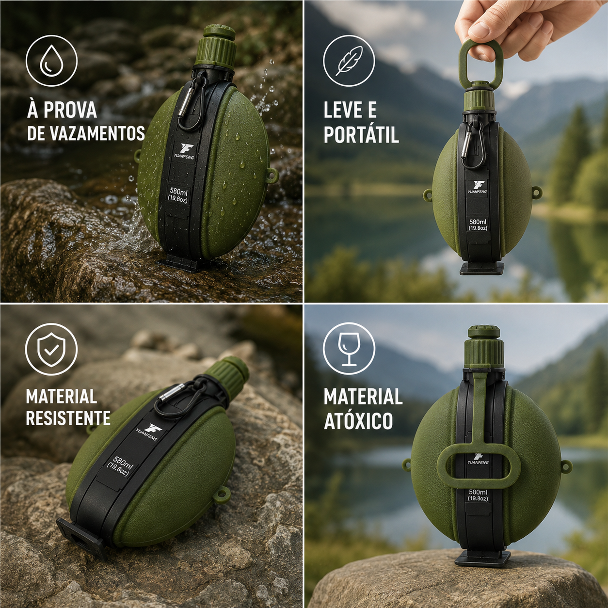 Garrafa dobrável de silicone utilizada em trilhas, camping e atividades ao ar livre.