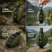 Garrafa dobrável de silicone utilizada em trilhas, camping e atividades ao ar livre.