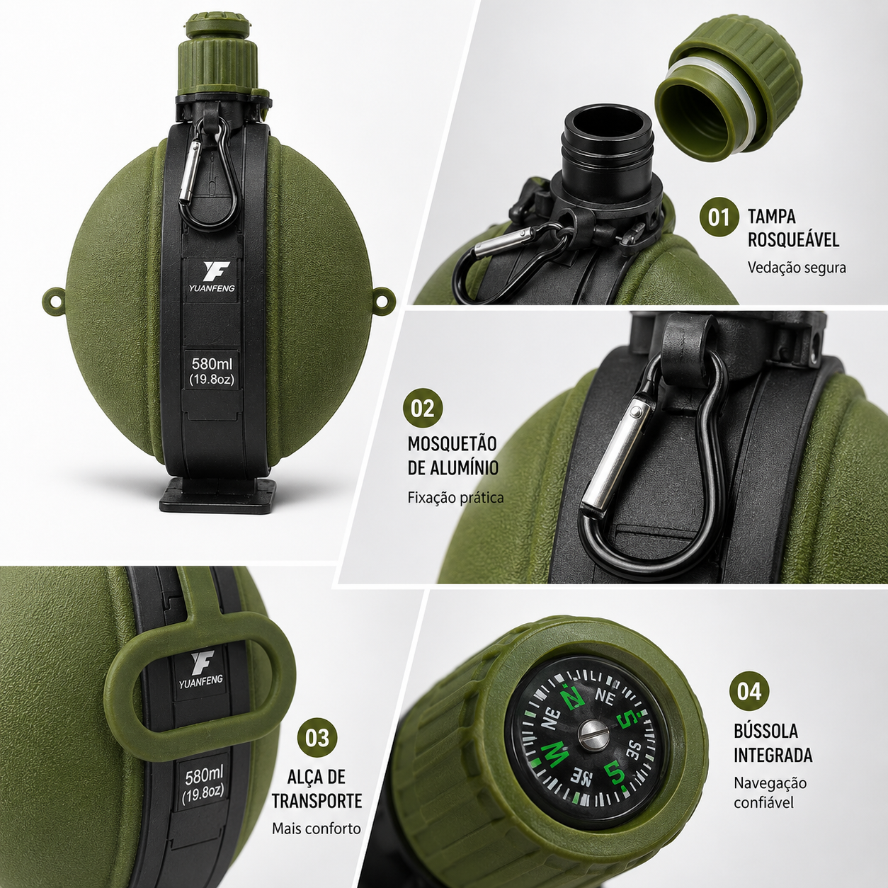 Garrafa portátil de silicone com mosquetão para transporte em mochilas e bolsas.