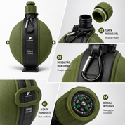 Garrafa portátil de silicone com mosquetão para transporte em mochilas e bolsas.