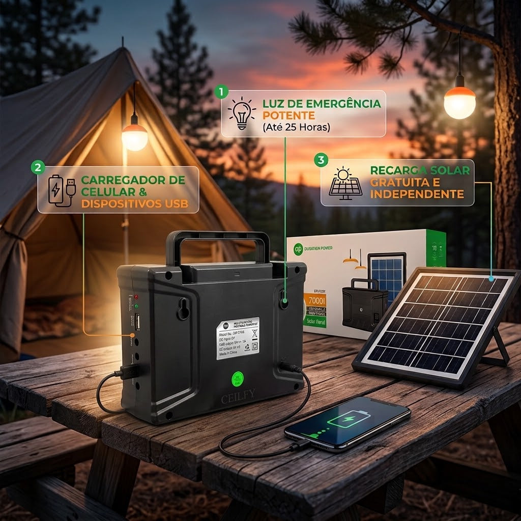 Kit Gerador Solar Portátil Com Placa Solar Bateria 7000mAh 3 Lâmpadas E USB