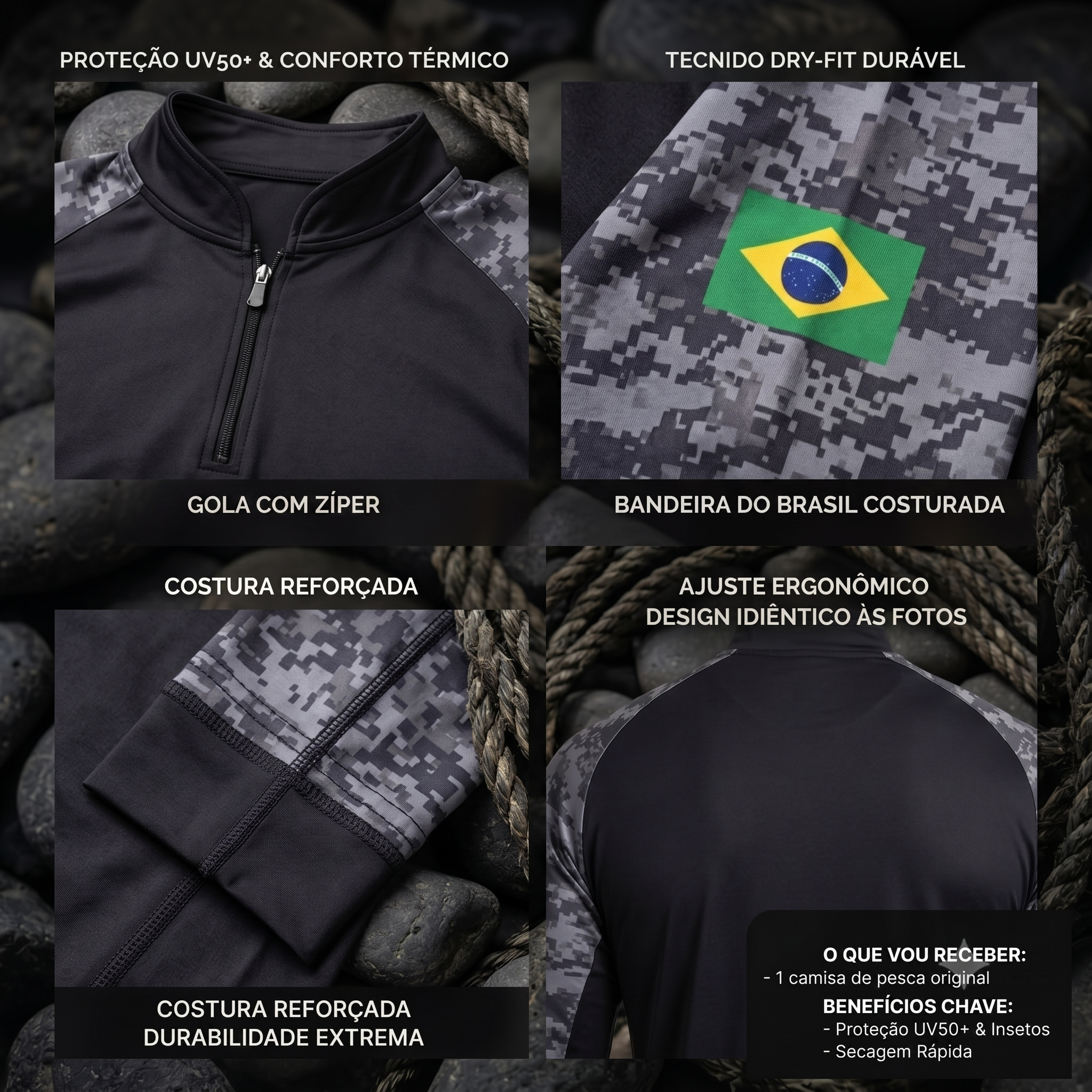Camisa De Pesca UV50+ Com Zíper Manga Longa Dry Fit Proteção Solar UV Para Pesca E Trilhas