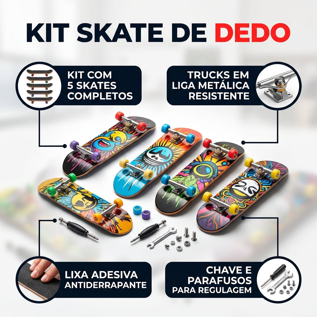 Infografico explicativo do kit skate de dedo fingerboard com chave e acessorios - Kingpesque