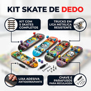 Infografico explicativo do kit skate de dedo fingerboard com chave e acessorios - Kingpesque