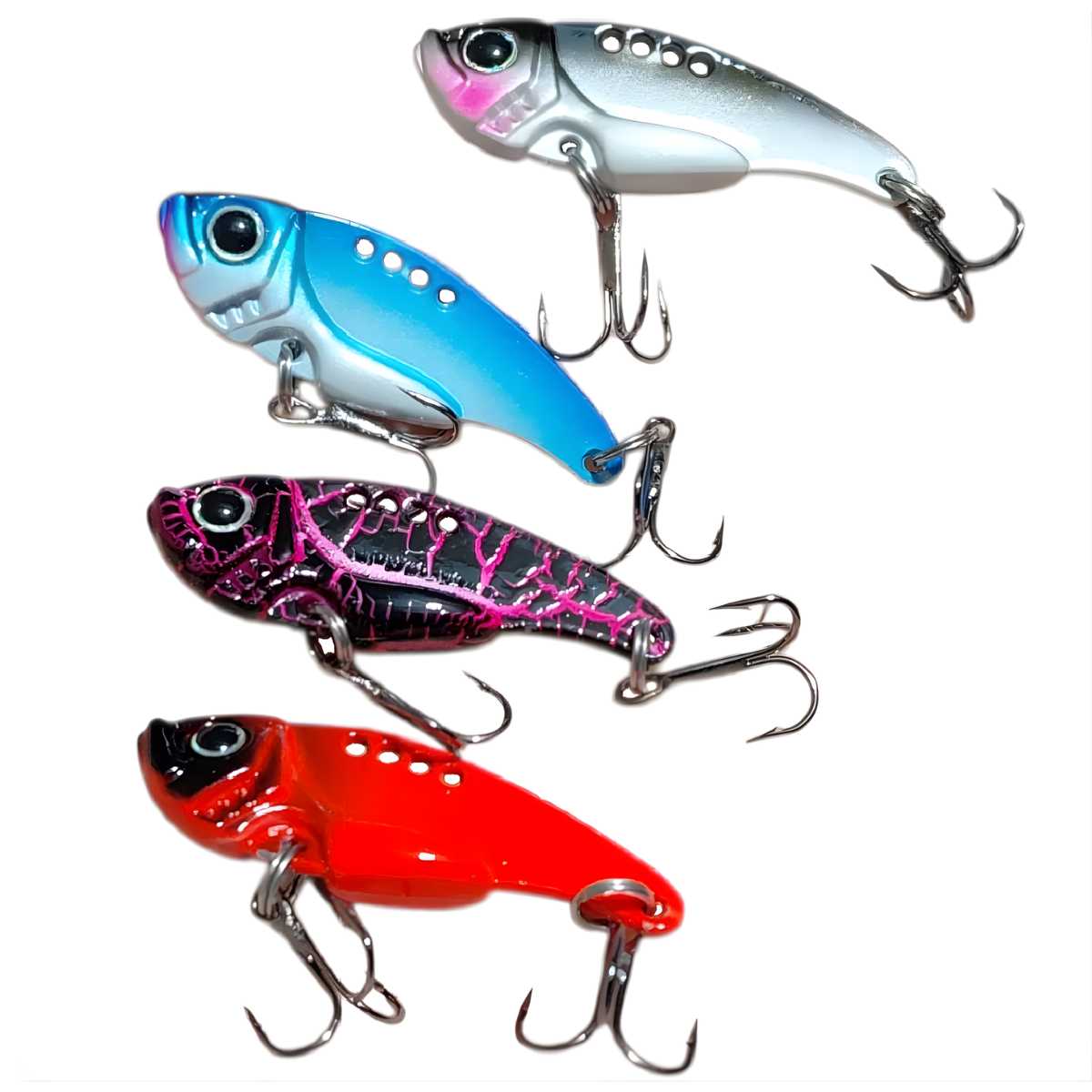 Kit com 4 iscas artificiais tipo Blade Ferrinho de metal com olhos 3D.