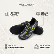 Infográfico destacando secagem rápida solado de borracha e tecido neoprene respirável da sapatilha náutica.