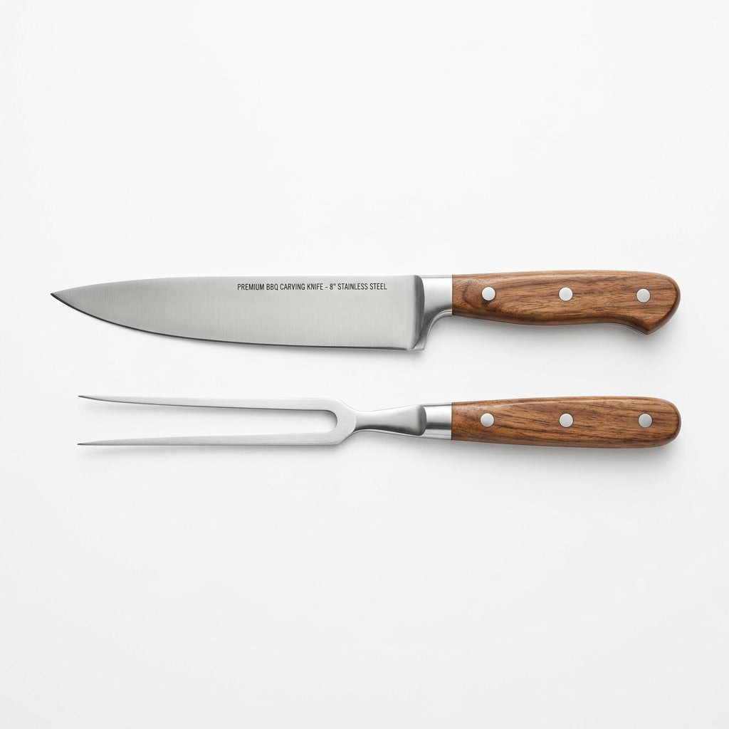 Kit churrasco profissional com faca e garfo trinchante em aço inox e cabo de madeira em fundo branco.