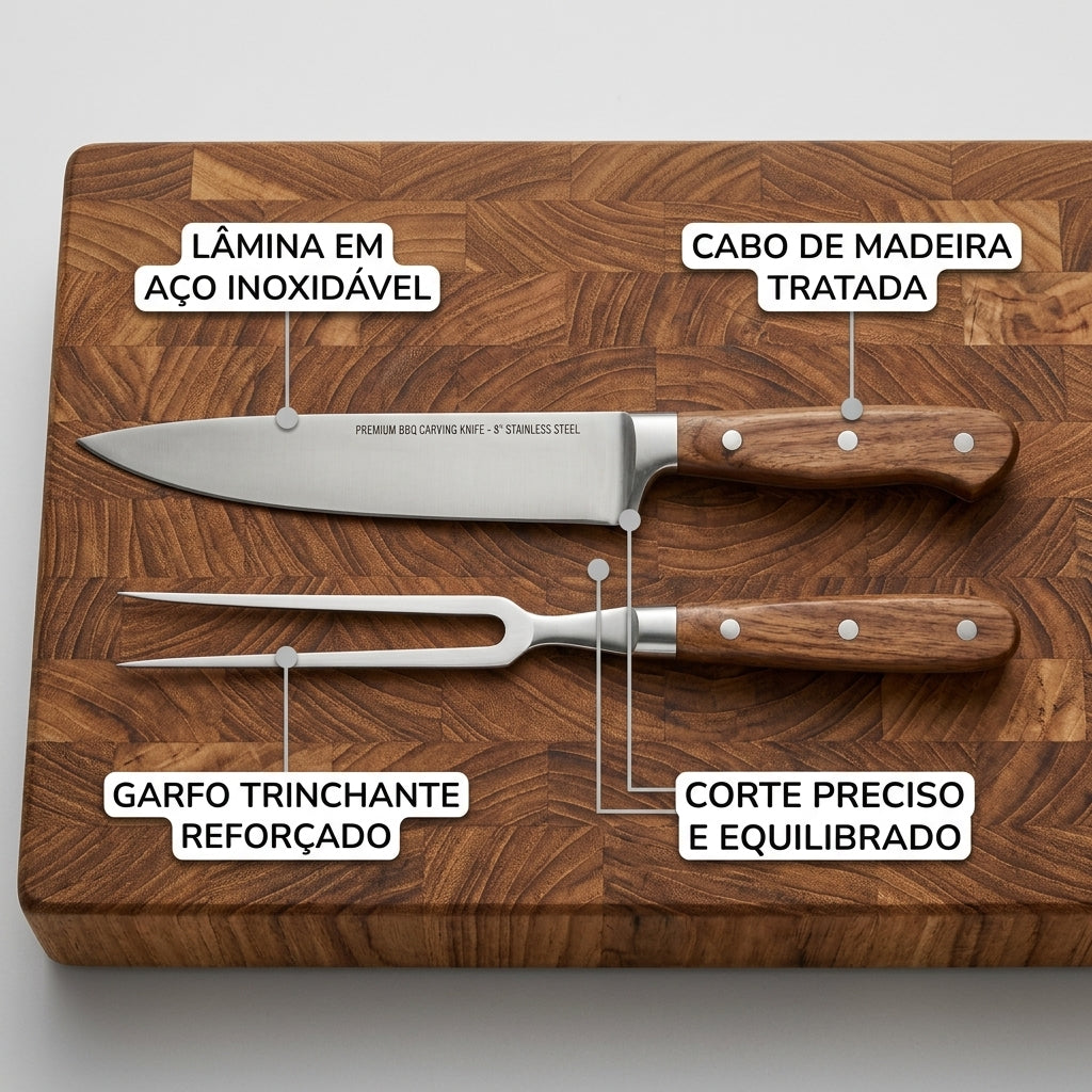 Infográfico destacando as características de lâmina inox garfo reforçado e cabo de madeira tratada do kit churrasco.