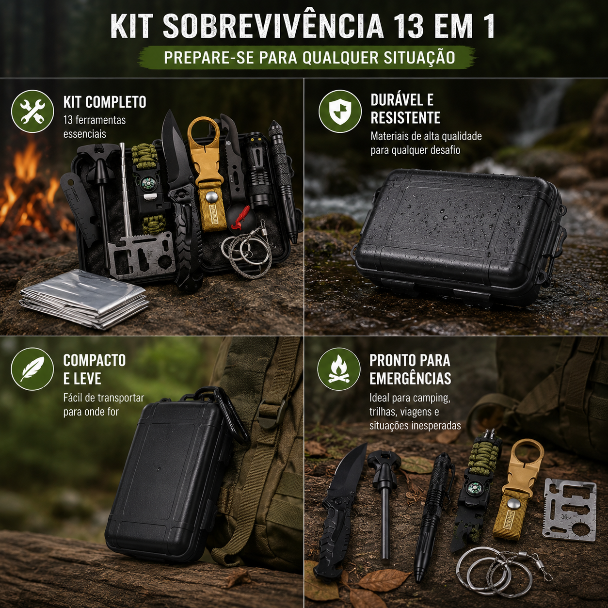 Kit de emergência outdoor acondicionado em estojo compacto resistente para aventuras.
