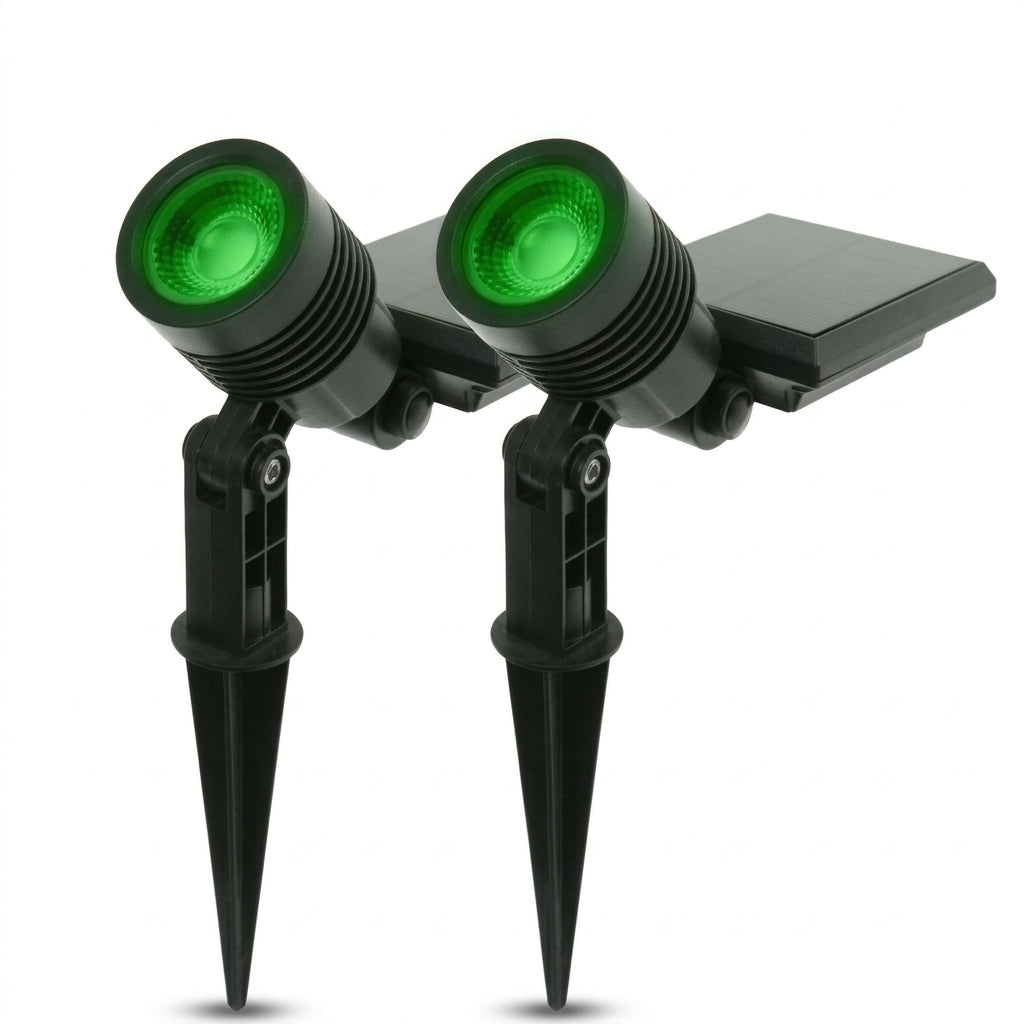 Kit com duas luminarias solares espeto para jardim Ecoforce com Super LED verde e painel solar em fundo branco.