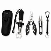 Kit completo com cinco ferramentas de pesca incluindo alicate pega-peixe, alicate multifuncional e acessórios.