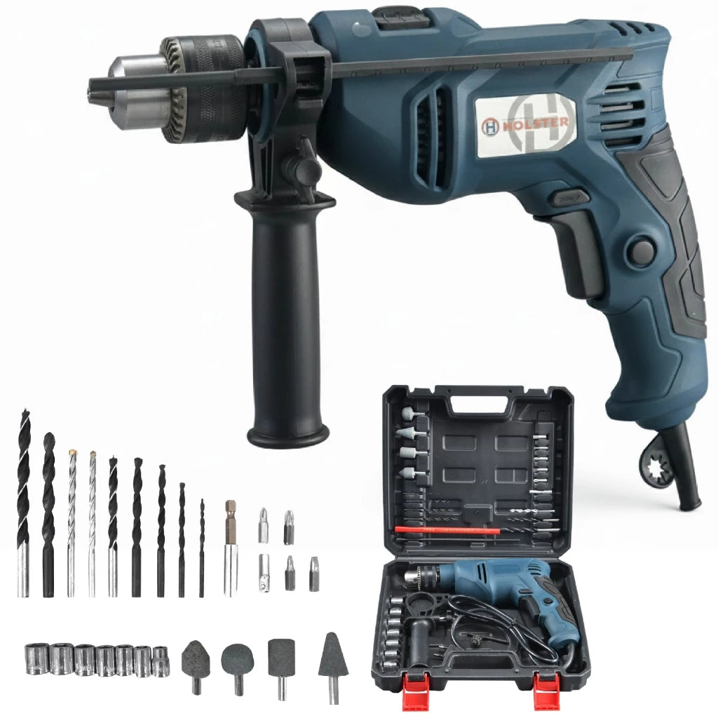 Furadeira de impacto 750W profissional completa com maleta de transporte e acessórios diversos.