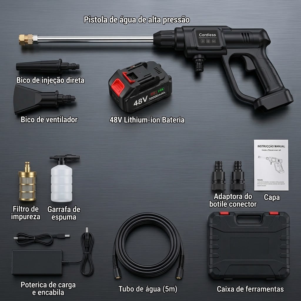 Kit completo de lava jato portátil com mangueira de 5 metros carregador e bateria na bancada de oficina.