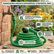 Infográfico demonstrando a expansão automática de até três vezes e conectores da mangueira mágica.
