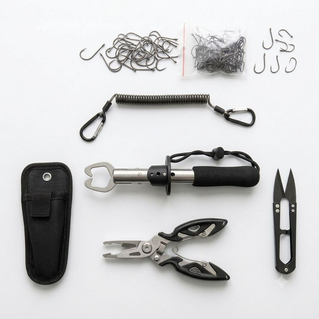 Kit de pesca com 105 peças incluindo alicate pega-peixe, alicate multifuncional e anzóis.