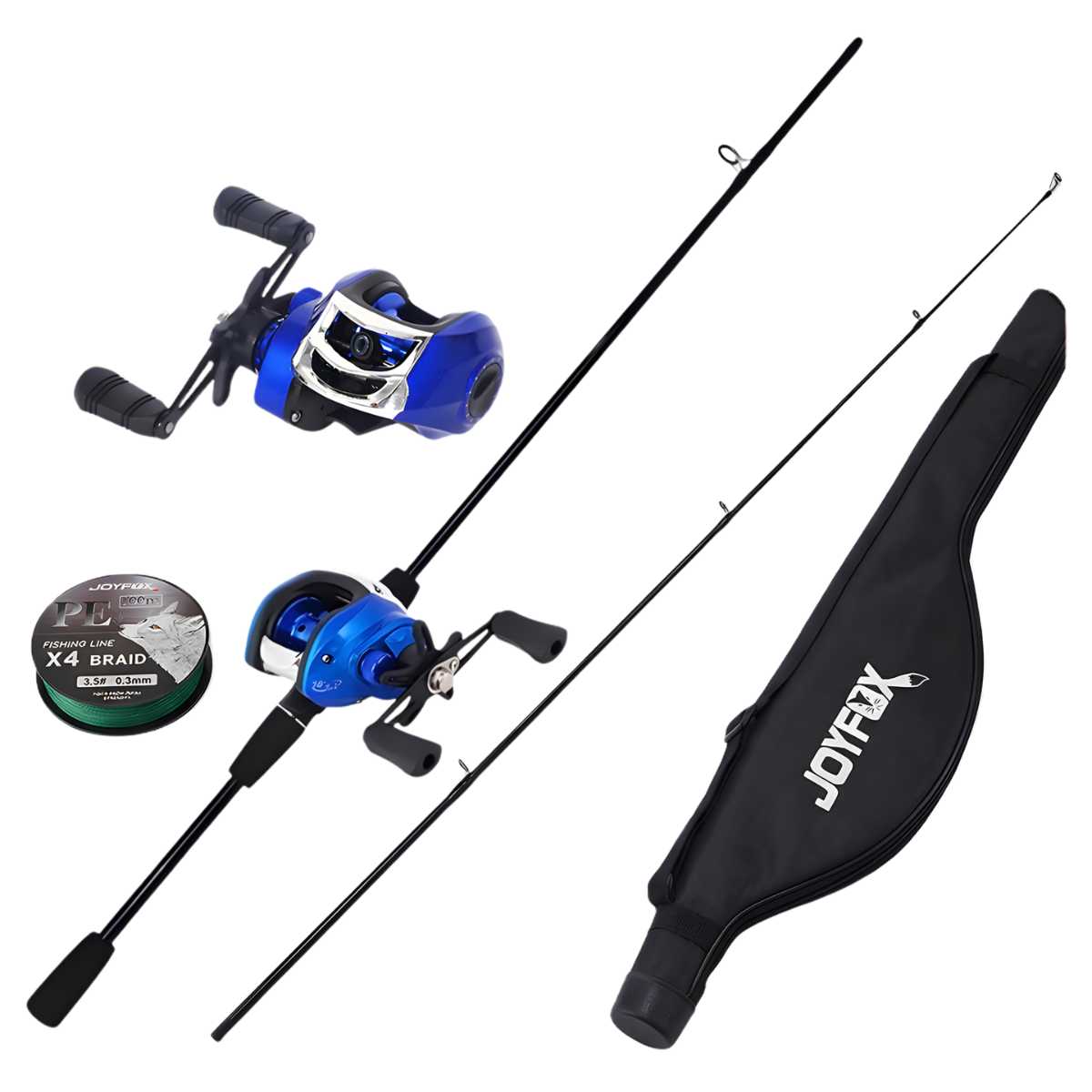 Kit de pesca completo contendo vara de fibra de vidro, carretilha de alta velocidade e linha multifilamento.