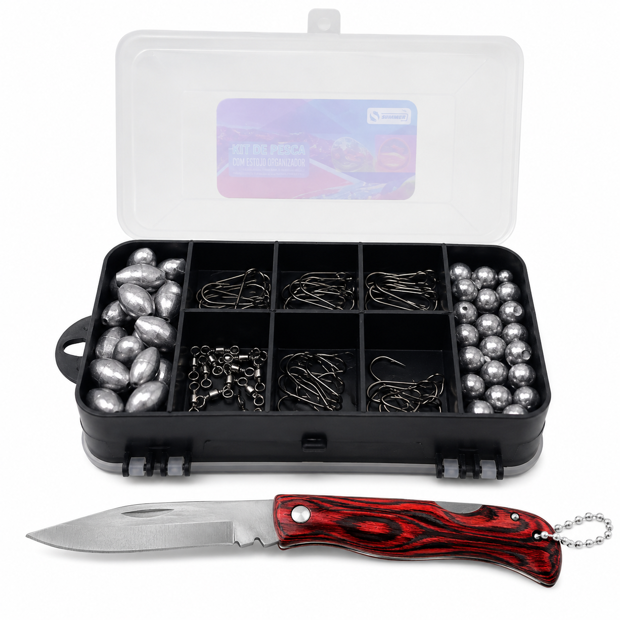 Kit de pesca esportiva Summer com estojo organizador, anzóis, chumbos, giradores e canivete.