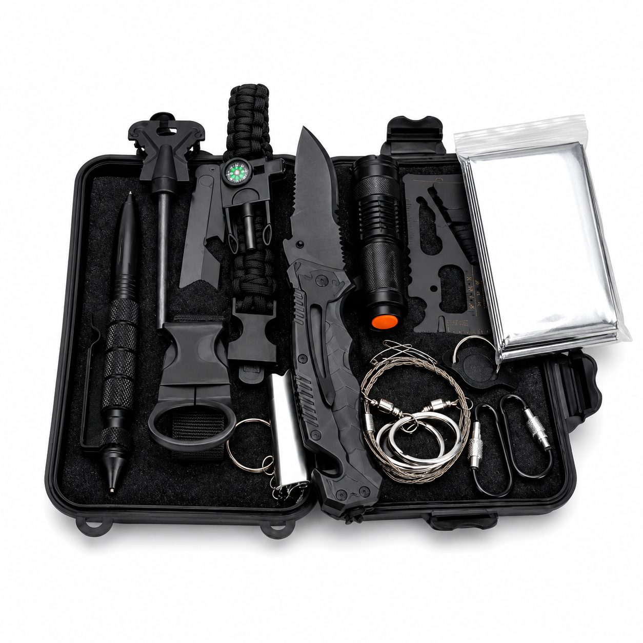 Kit de sobrevivência multifuncional 14 em 1 com estojo impermeável e acessórios para atividades ao ar livre.
