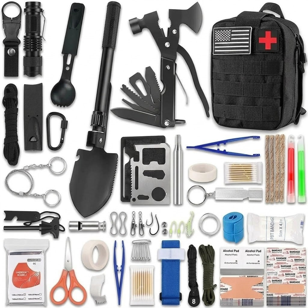 Kit de sobrevivência 29 em 1 com bolsa tática e ferramentas para camping e trilhas.