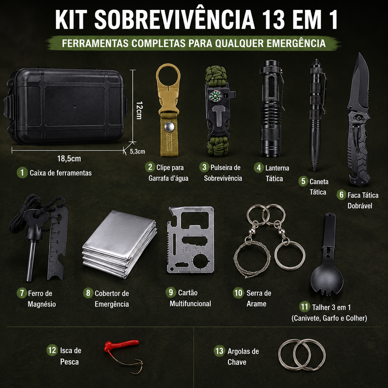 Kit de sobrevivência com lanterna, canivete e acessórios essenciais para atividades outdoor.