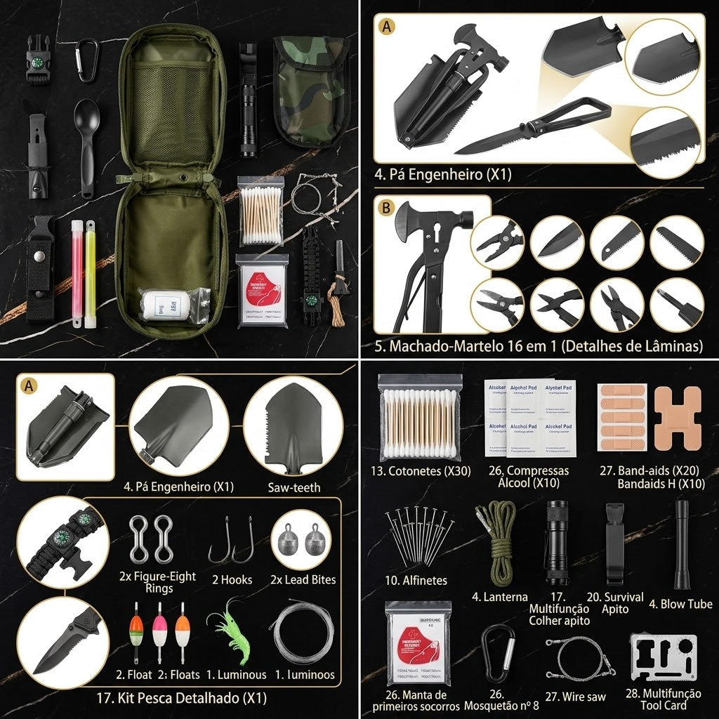 Bolsa tática com equipamentos de sobrevivência para pesca, camping e expedições.
