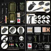 Bolsa tática com equipamentos de sobrevivência para pesca, camping e expedições.