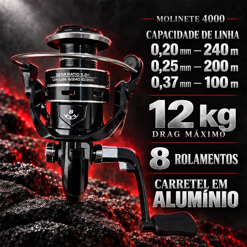Kit de pesca com vara de 25lbs e molinete com drag de 12kg