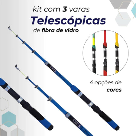 Destaques das características principais em português do kit vara telescópica e molinete.