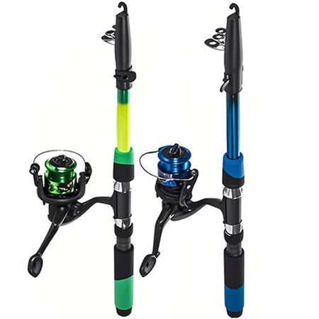 Kit vara de pesca telescópica retrátil com molinete e linha completo em fundo branco.
