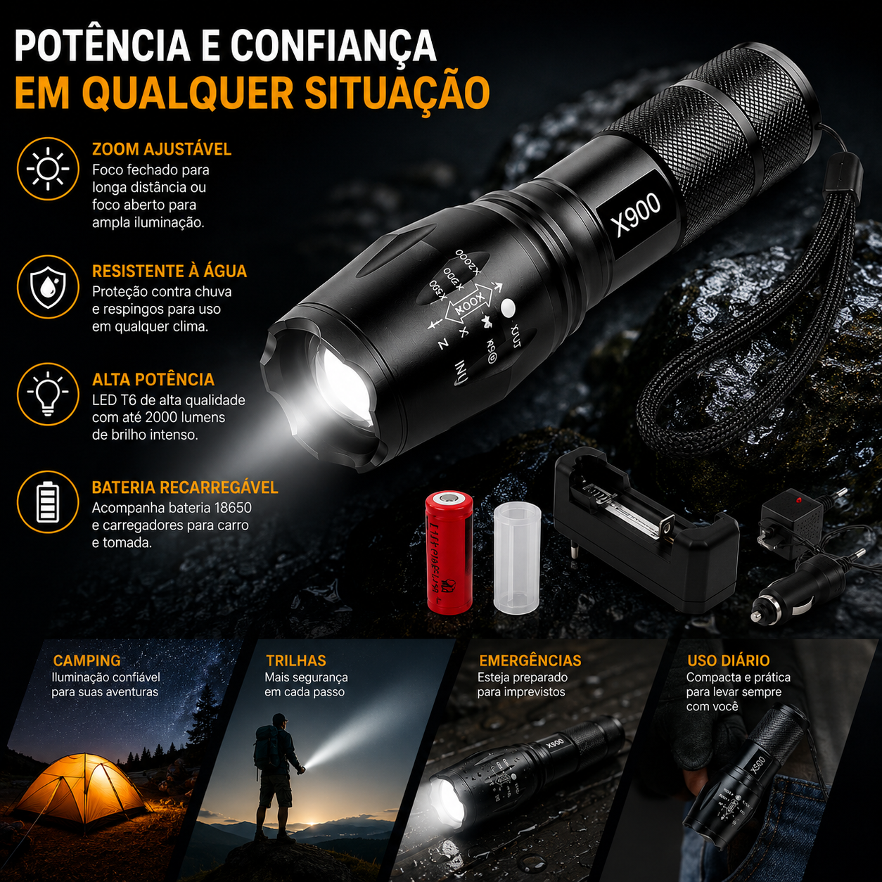 Lanterna tática X900 utilizada em camping, pesca, trilhas e atividades ao ar livre.