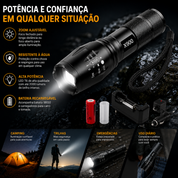 Lanterna tática X900 utilizada em camping, pesca, trilhas e atividades ao ar livre.