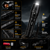 Lanterna LED X900 com sistema de zoom ajustável para iluminação concentrada ou ampla.
