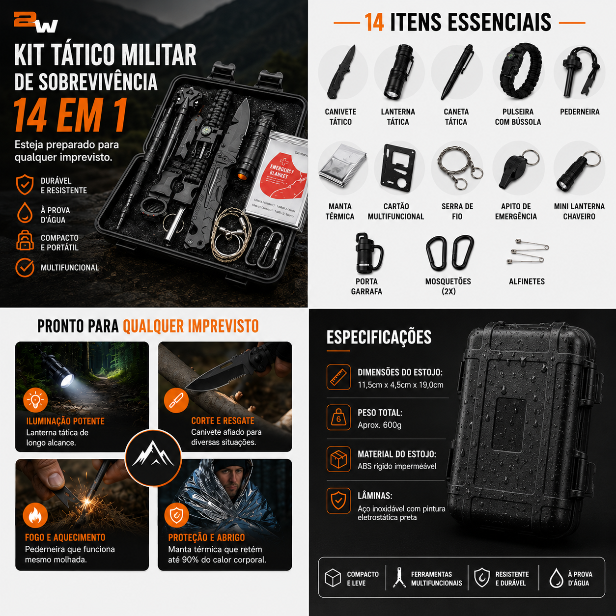 Itens do kit de sobrevivência incluindo lanterna, manta térmica e acessórios organizados para uso outdoor.