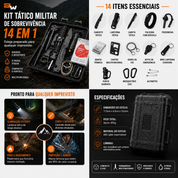 Itens do kit de sobrevivência incluindo lanterna, manta térmica e acessórios organizados para uso outdoor.